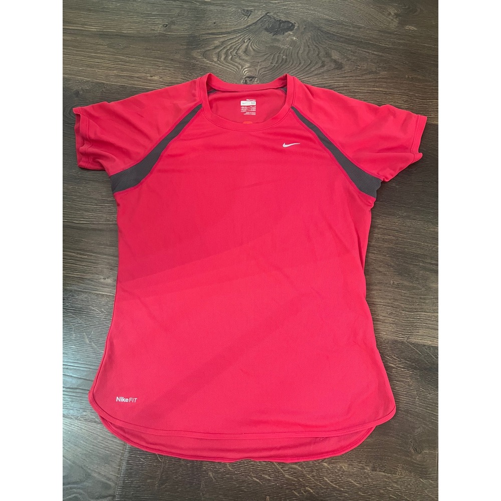 Nike Fit Dry Womens Medium Pink Short Sleeve Running Training Shirt Grey Mesh‎